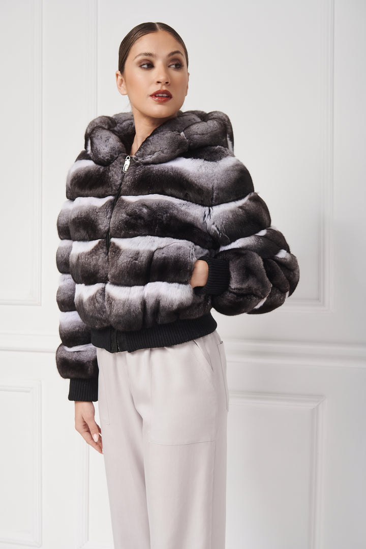 BLOUSON BOMBARDIER À CAPUCHE EN FOURRURE DE CHINCHILLA