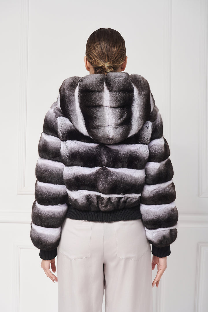 BLOUSON BOMBARDIER À CAPUCHE EN FOURRURE DE CHINCHILLA