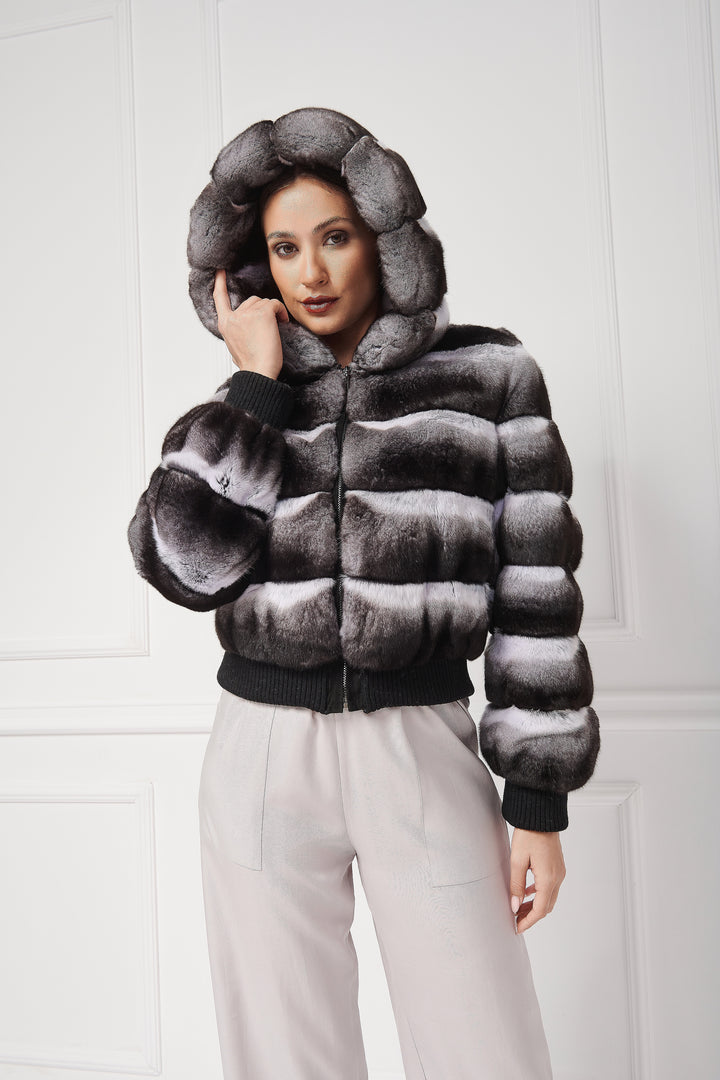 BLOUSON BOMBARDIER À CAPUCHE EN FOURRURE DE CHINCHILLA