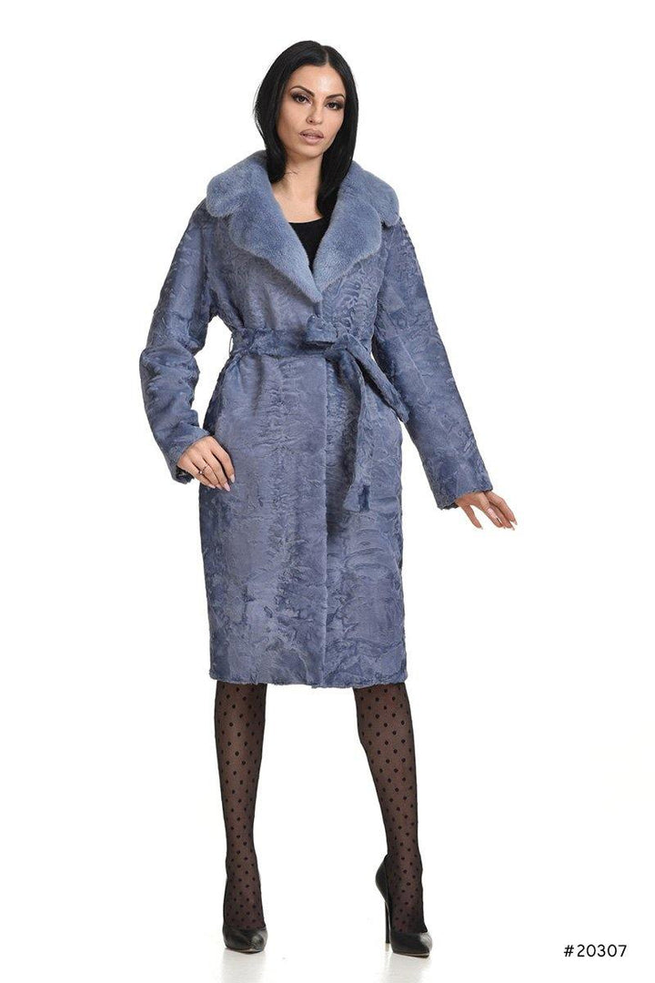 Persian lamb coat with mink english collar and leather belt - Manakas Frankfurt