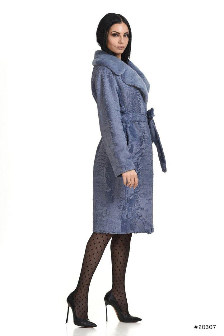 Persian lamb coat with mink english collar and leather belt - Manakas Frankfurt