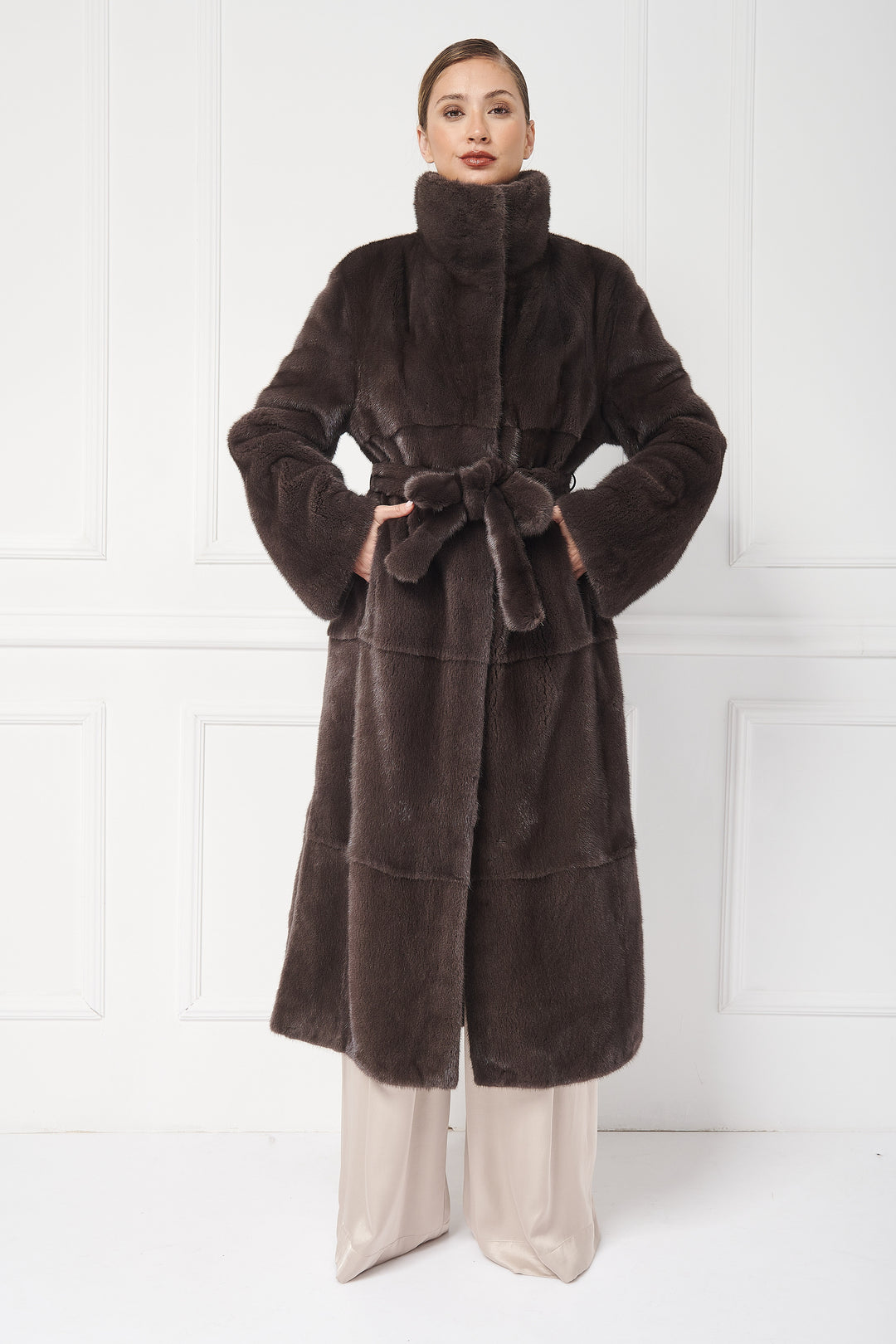 Cozy Long Mink Coat with stand up Collar