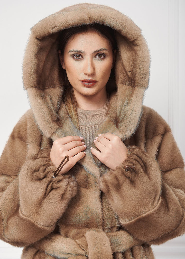 Hooded mink jacket with belt