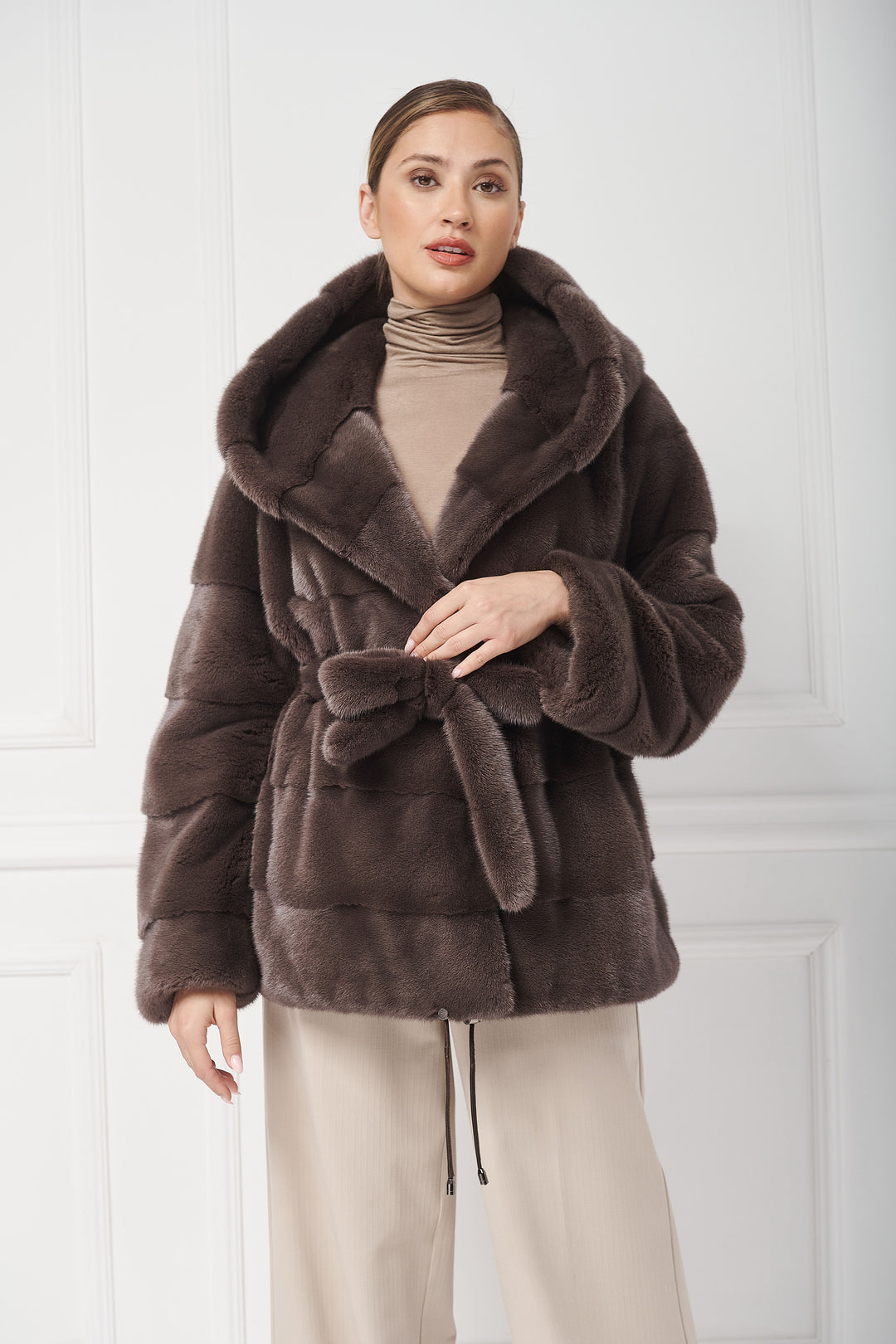 Hooded mink jacket with belt