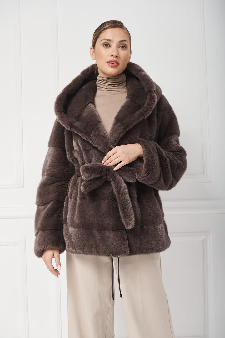 Fur Jacket with Hood and Belt