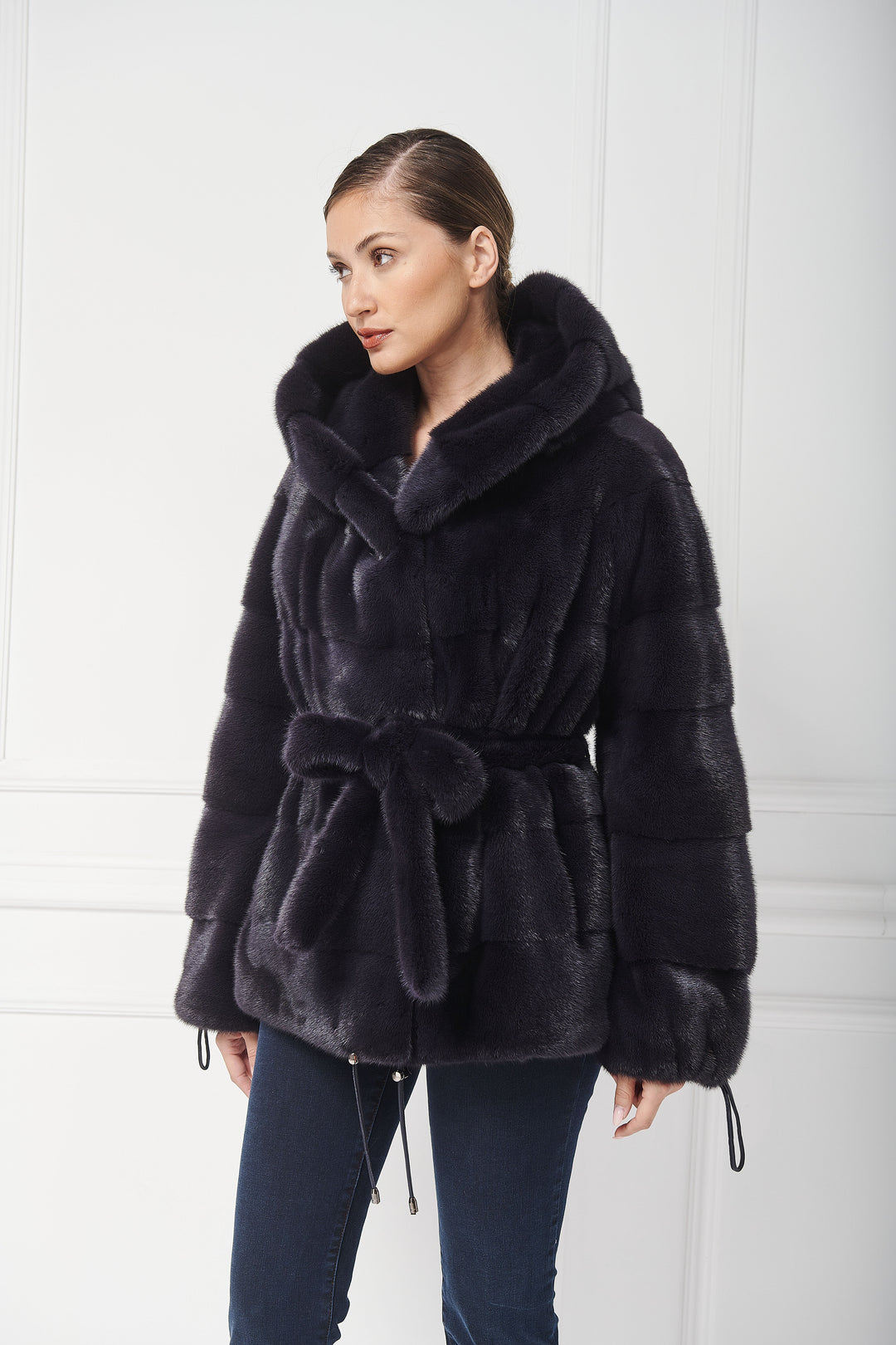 Hooded mink jacket with belt