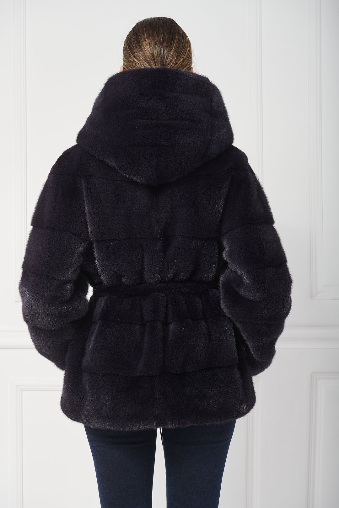 Hooded mink jacket with belt