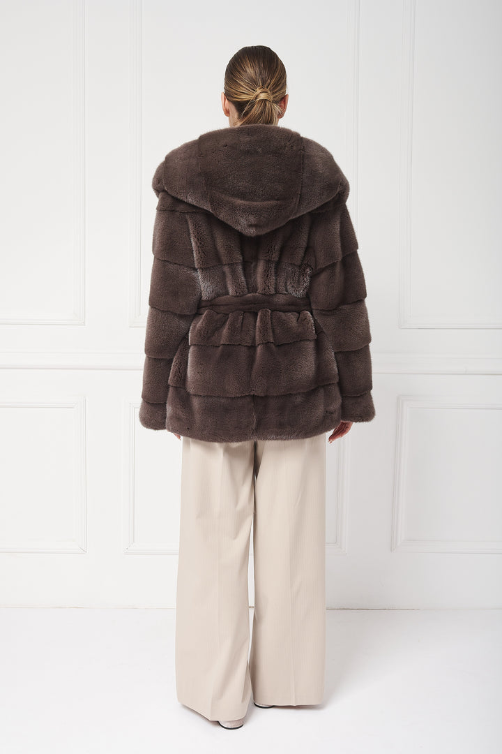 Hooded mink jacket with belt