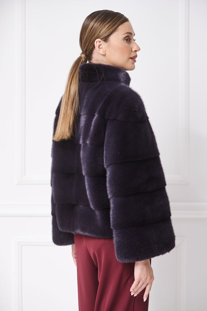 Casual short mink fur jacket with stand up collar