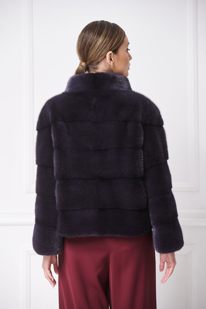 Casual short mink fur jacket with stand up collar