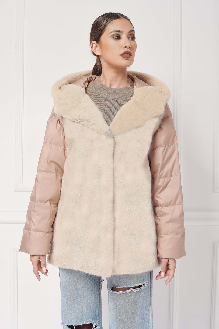 Down hooded jacket with mink