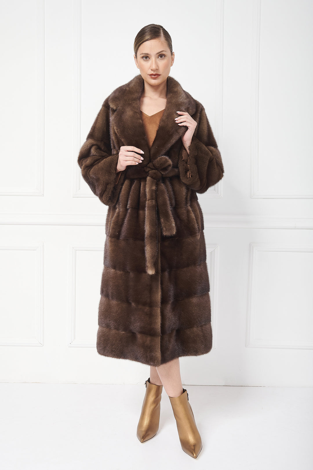 Mink coat with english lapels and belt