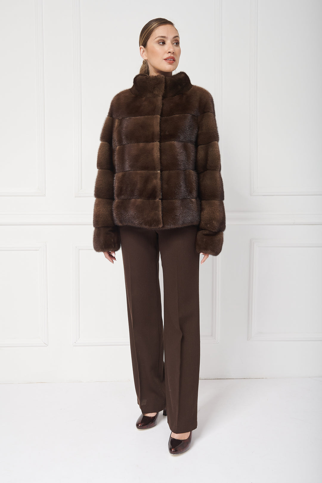 Reversible mink jacket with standup collar