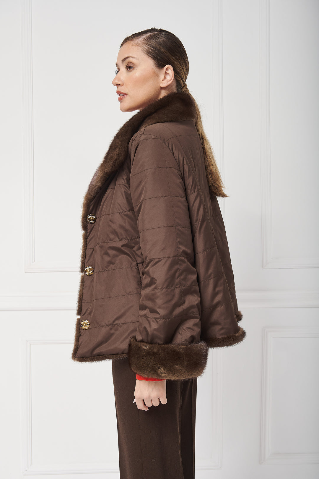 Reversible mink jacket with standup collar