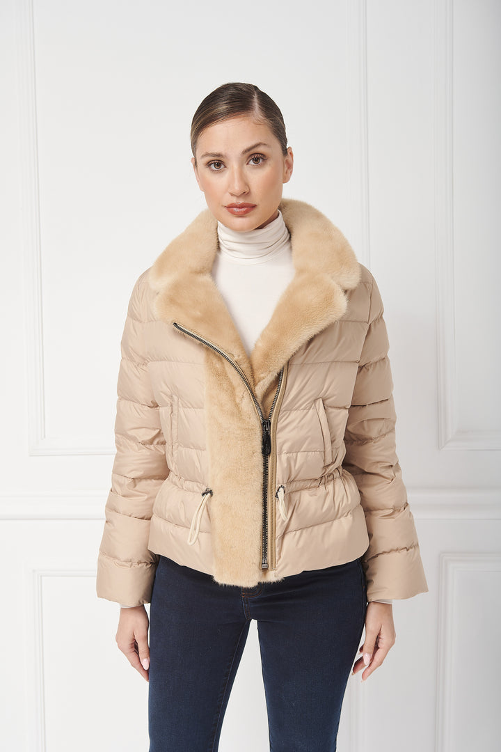 Down biker jacket with mink