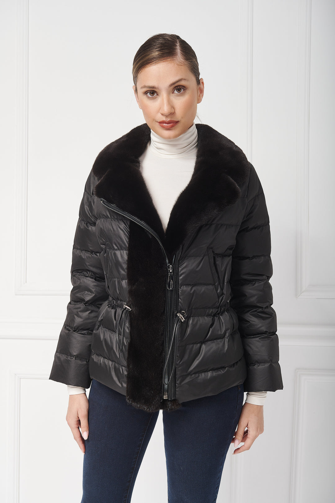 Down biker jacket with mink