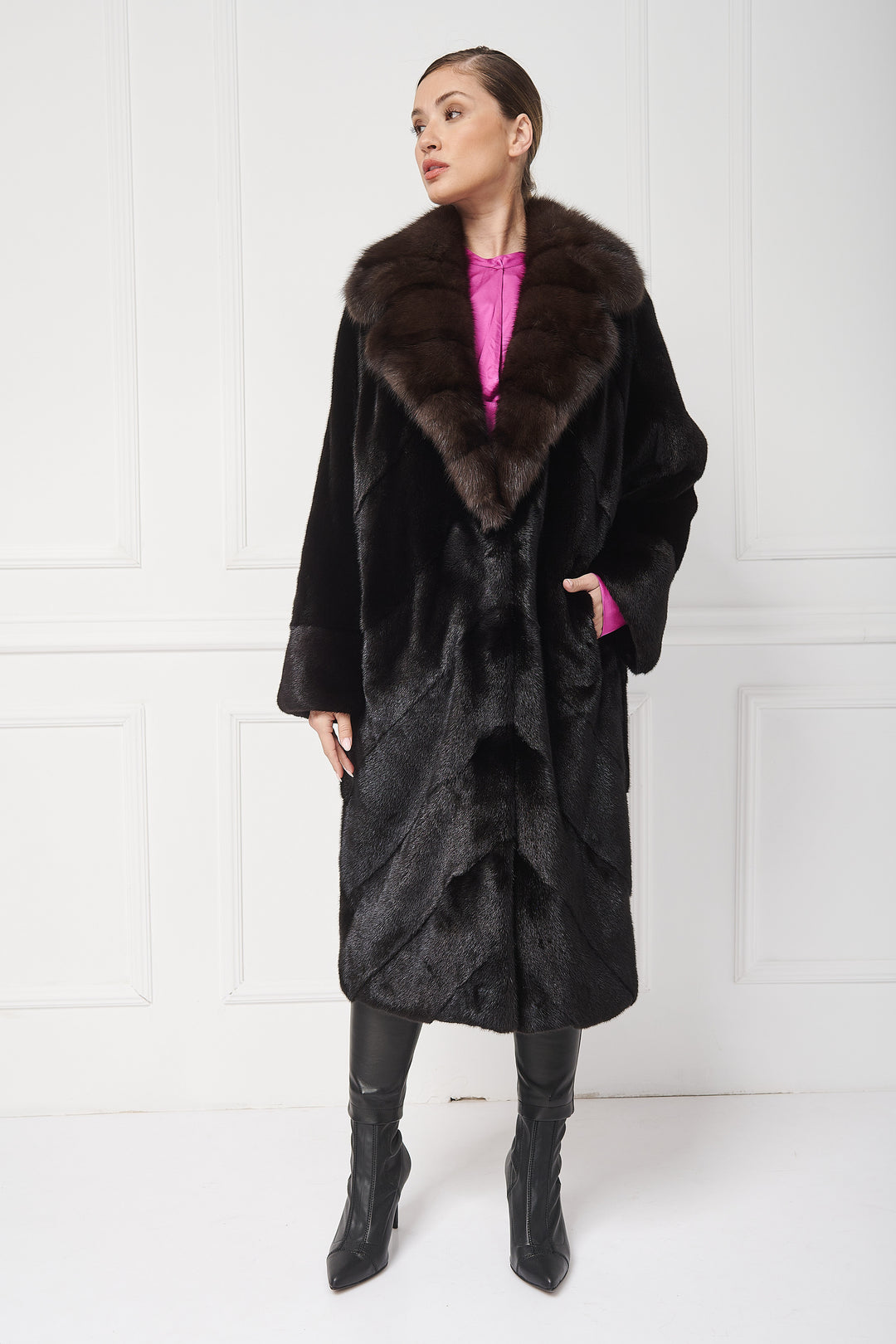 Diagonal worked mink coat with sable lapels