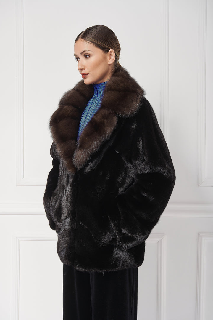 Elegant sheared mink jacket with sable english collar