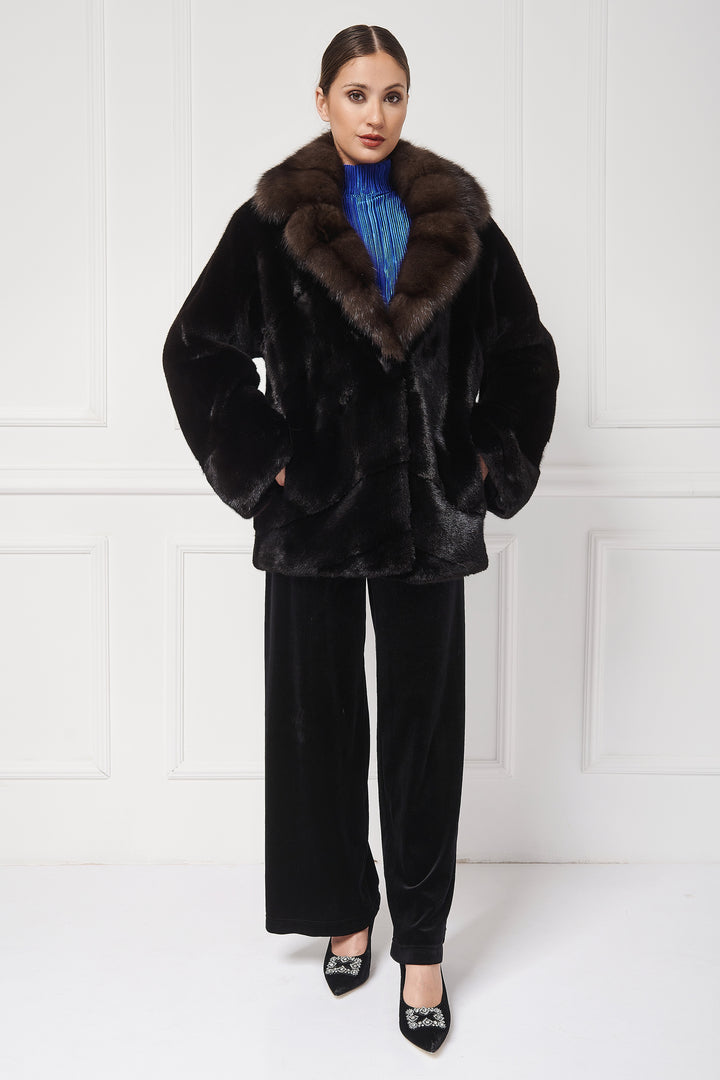 Elegant sheared mink jacket with sable english collar