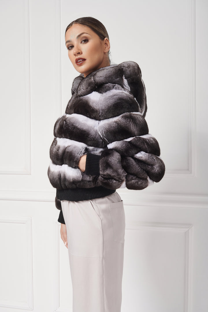 Hooded Chinchilla Fur Bomber Jacket