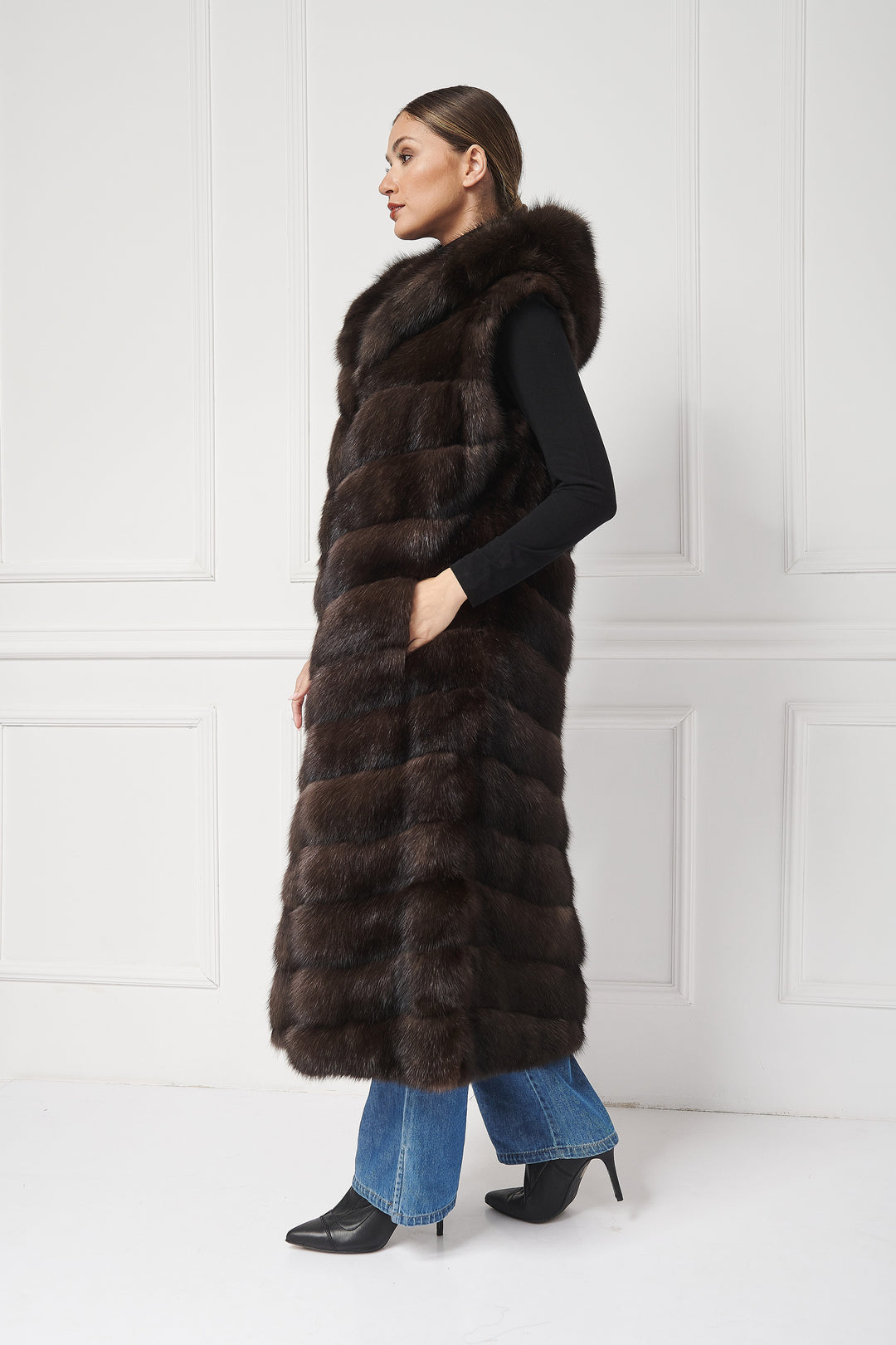 Elegant Long Sable Vest with Hood