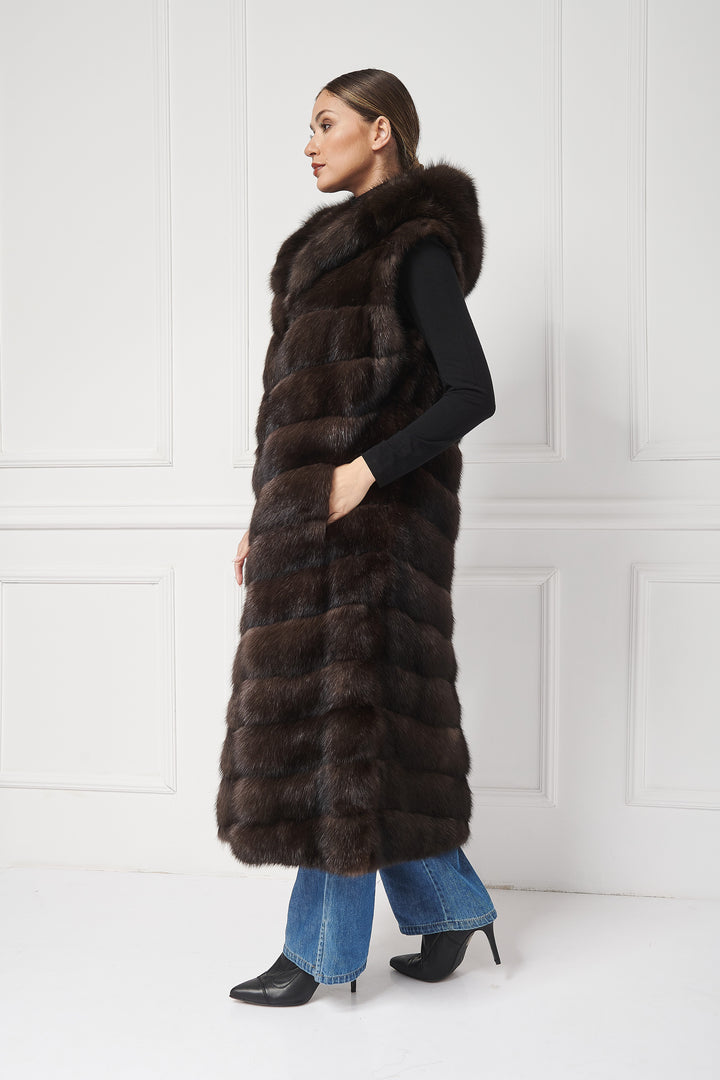 Elegant Long Sable Vest with Hood