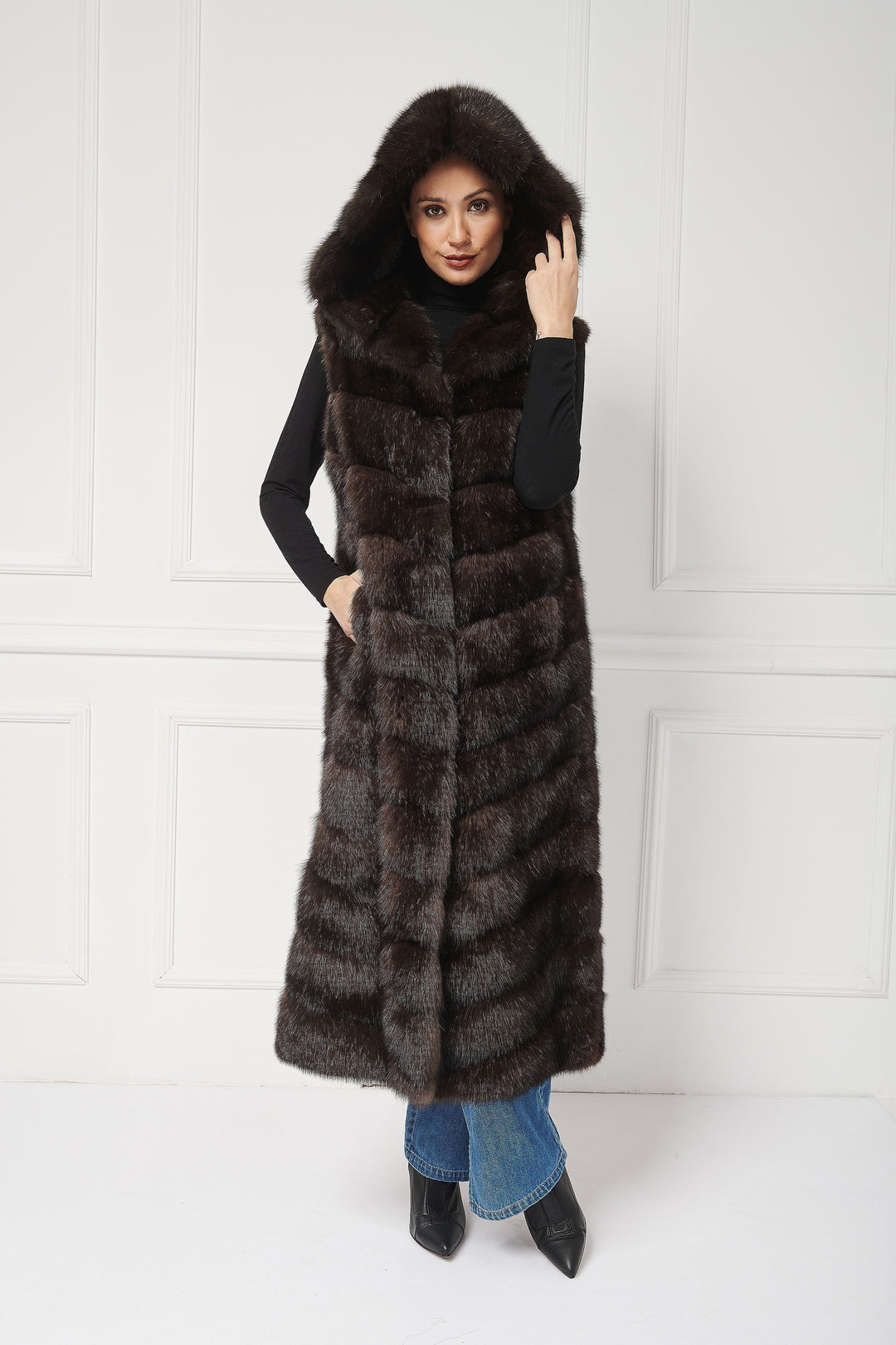 Elegant Long Sable Vest with Hood