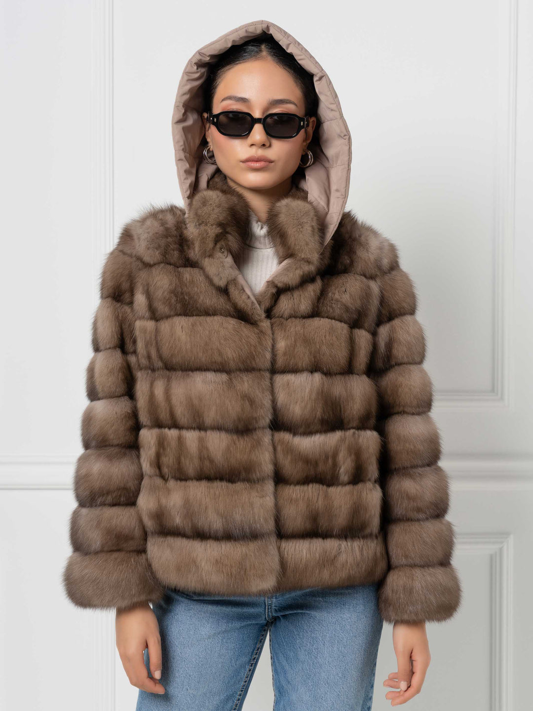 Reversible hooded sable fur jacket
