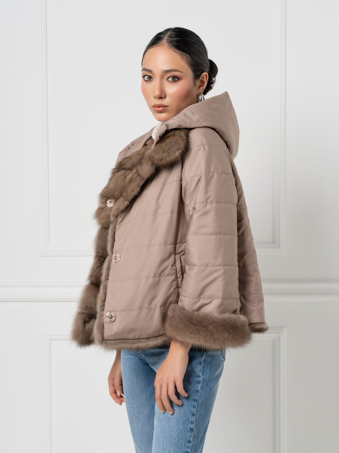 Reversible hooded sable fur jacket