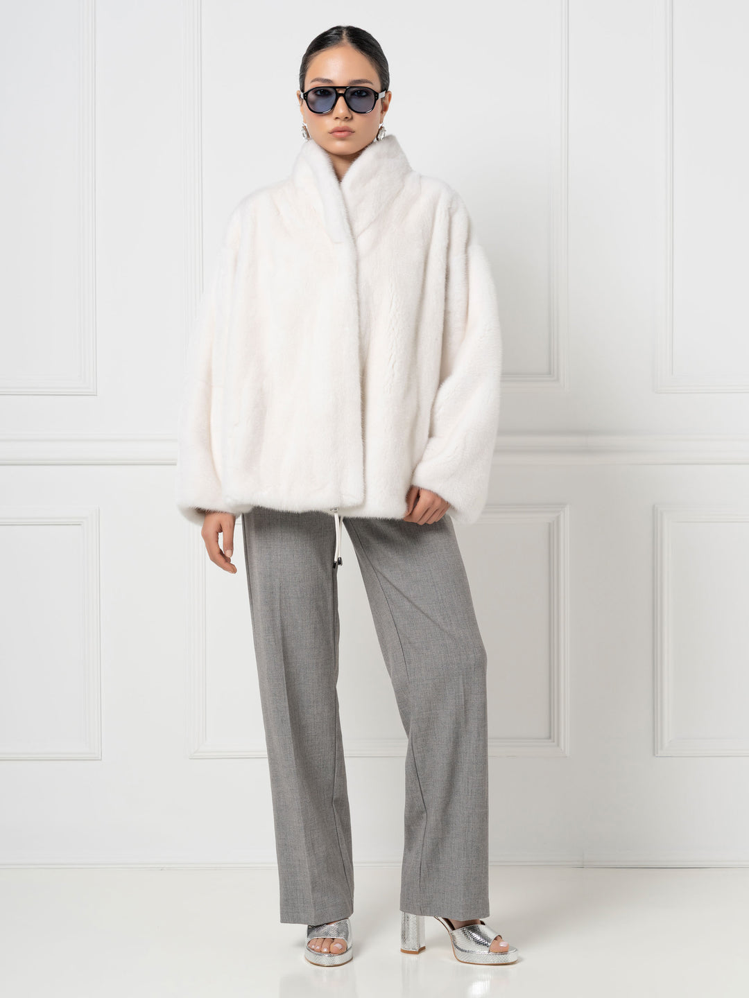 Mink Bomber Jacket with high Stand Collar