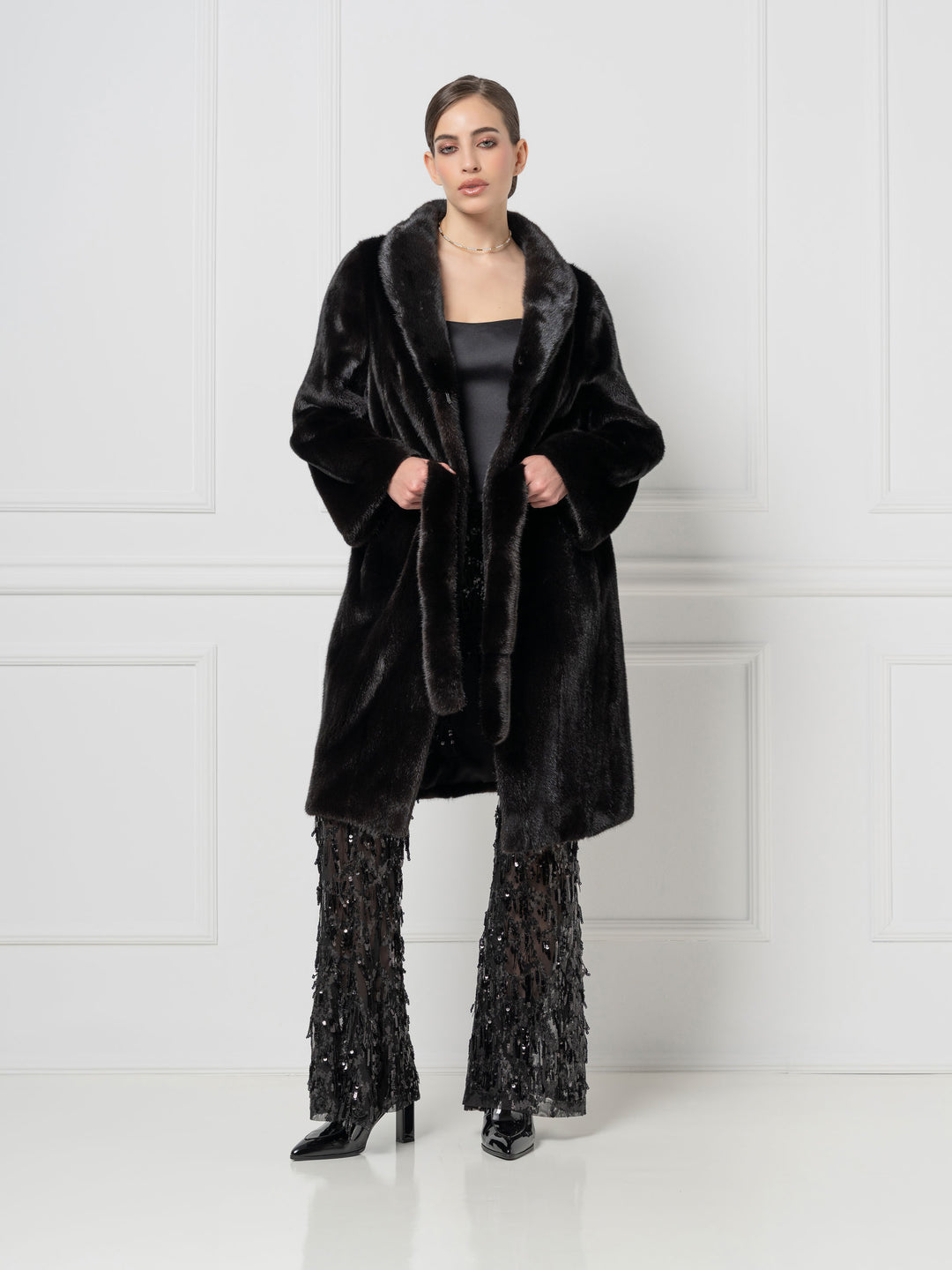 Black Long Mink Coat with Belt
