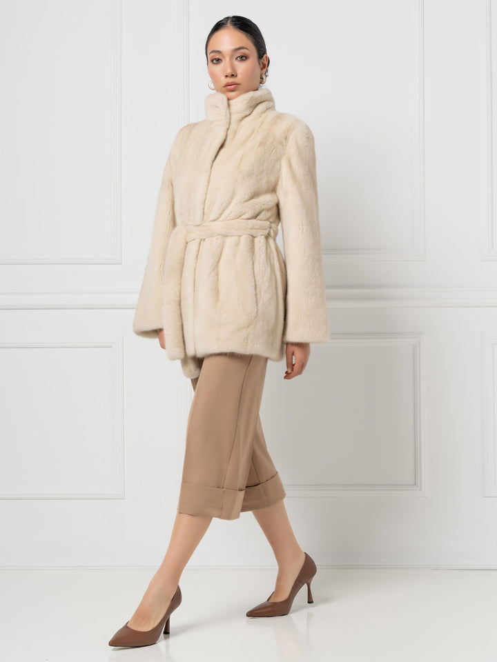 Mink Jacket with Belt and high Stand Collar