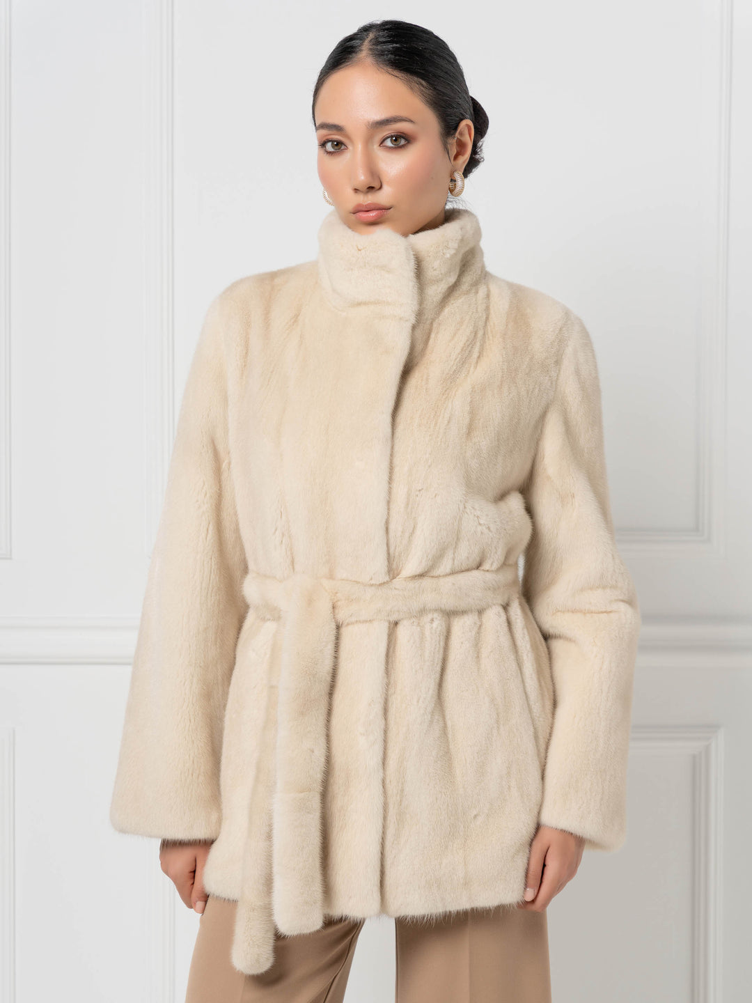 Mink Jacket with Belt and high Stand Collar
