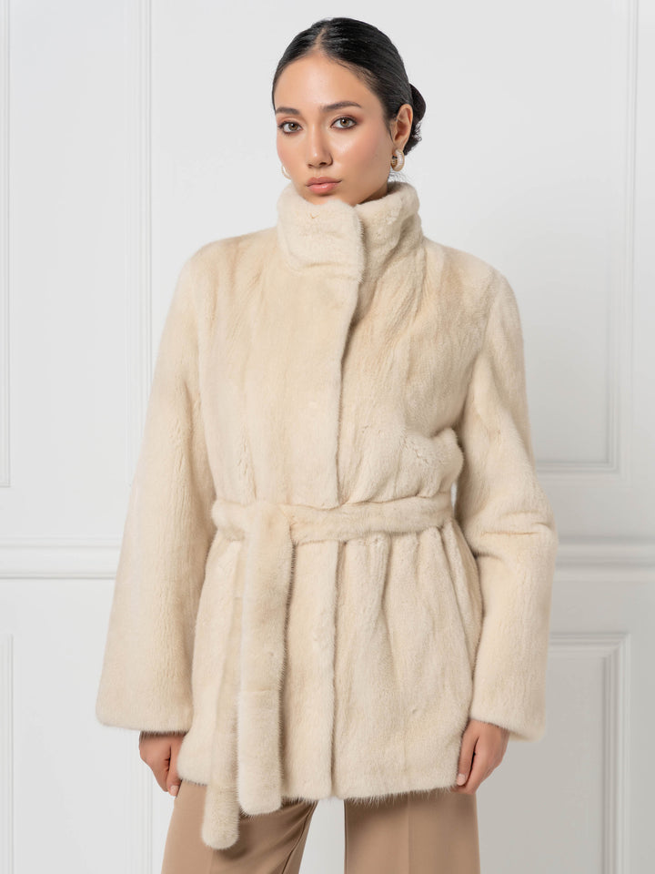 Mink Jacket with Belt and high Stand Collar