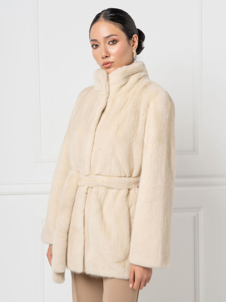 Mink Jacket with Belt and high Stand Collar