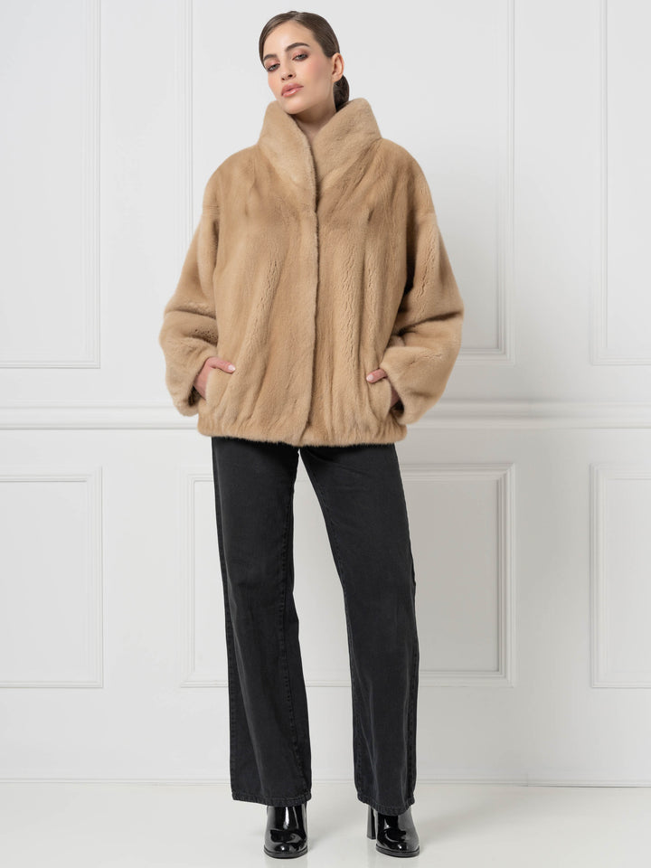 Mink Bomber Jacket with high Stand Collar