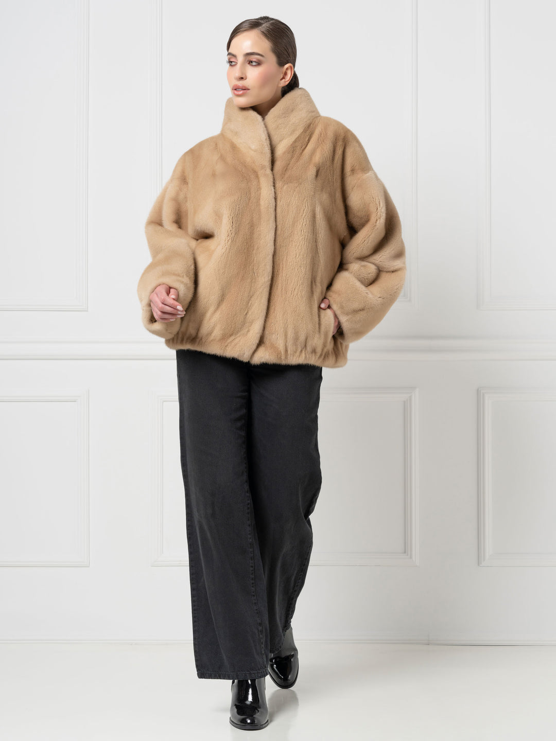 Mink Bomber Jacket with high Stand Collar
