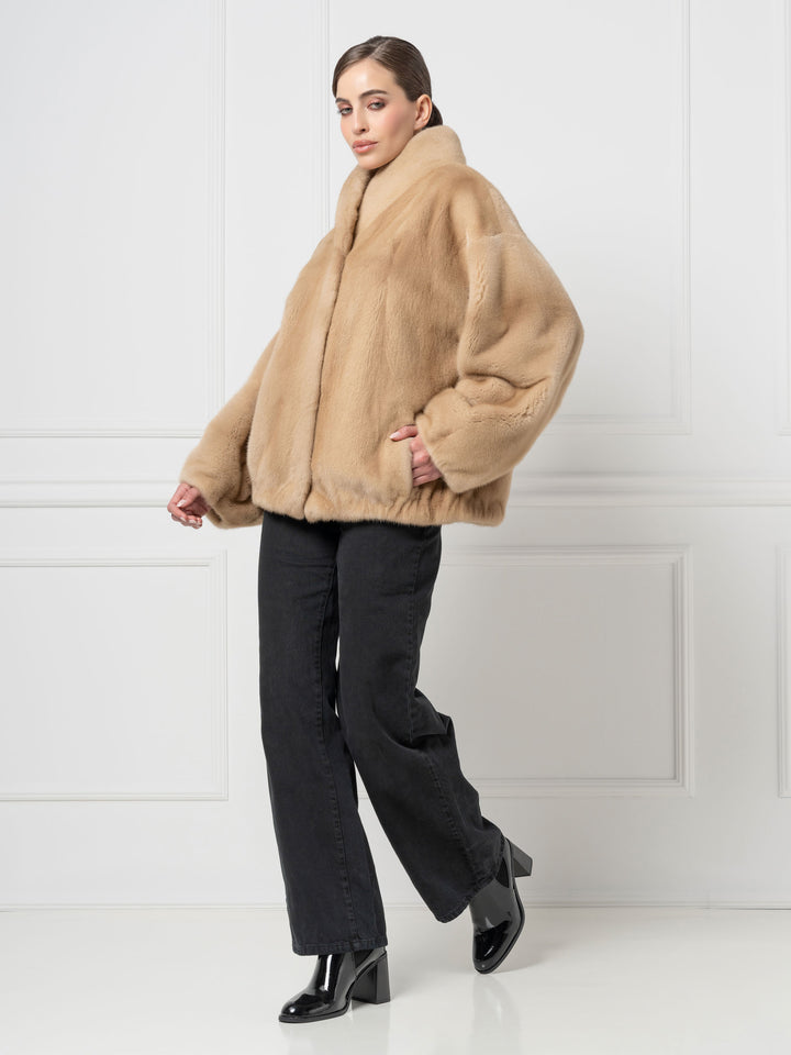 Mink Bomber Jacket with high Stand Collar