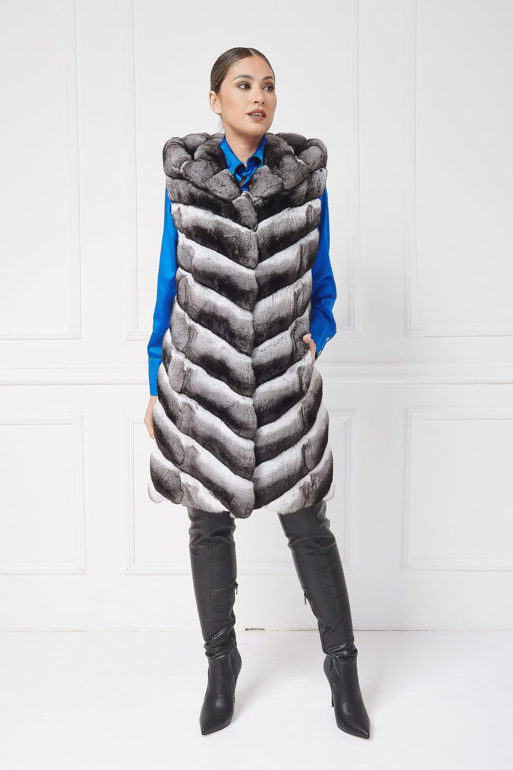 Elegant Hooded Chinchilla Fur Vest