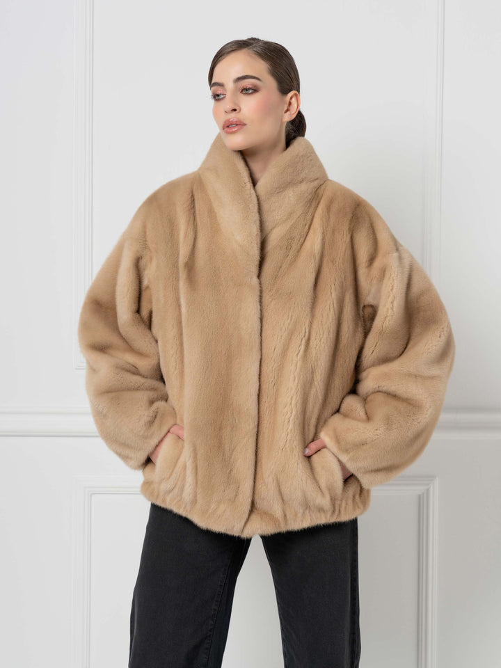 Mink Bomber Jacket with high Stand Collar