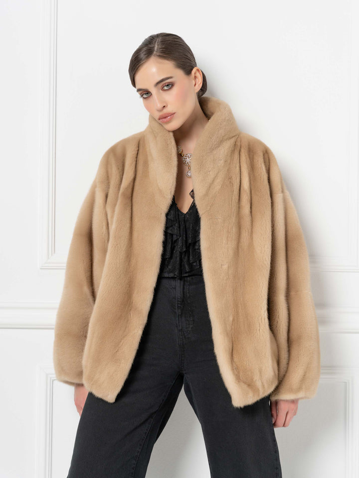 Mink Bomber Jacket with high Stand Collar