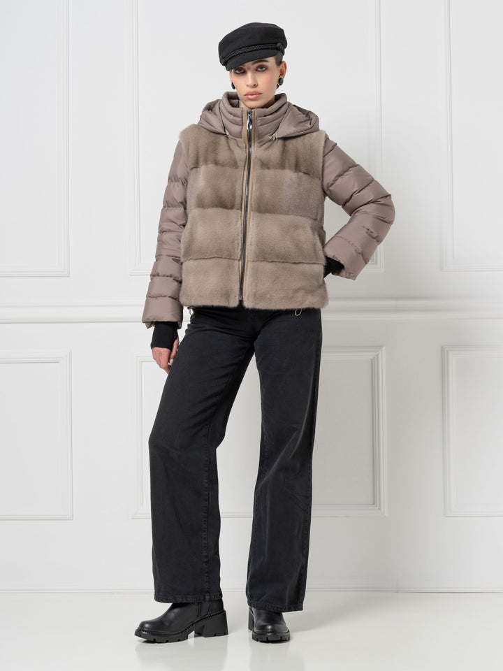Giacca casual con cappuccio in visone e piumino