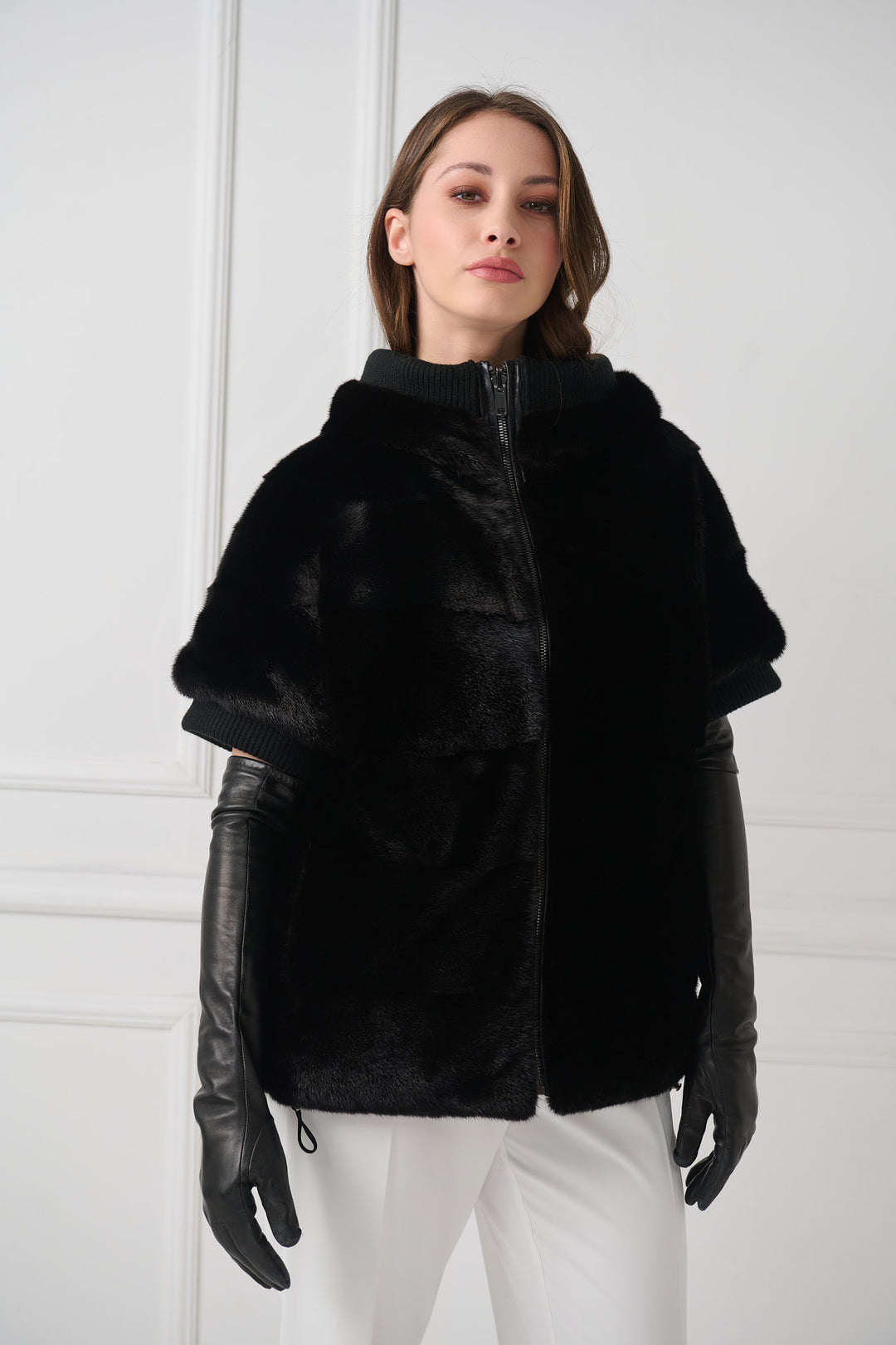 Reversible Hooded Mink Fur Jacket with Short Sleeves