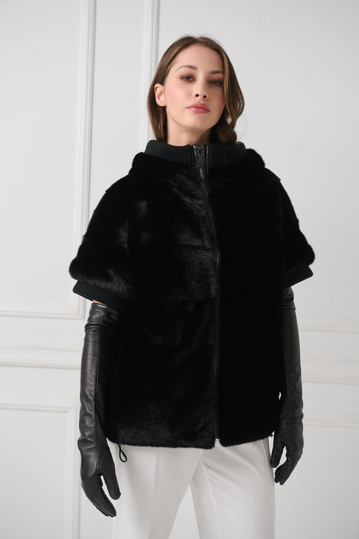 Reversible Hooded Mink Fur Jacket with Short Sleeves