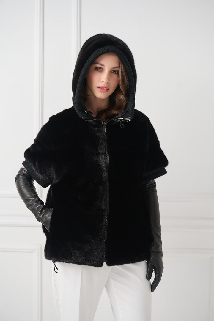 Reversible Hooded Mink Fur Jacket with Short Sleeves