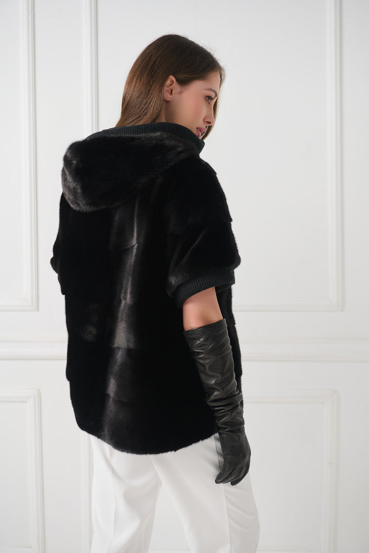 Reversible Hooded Mink Fur Jacket with Short Sleeves