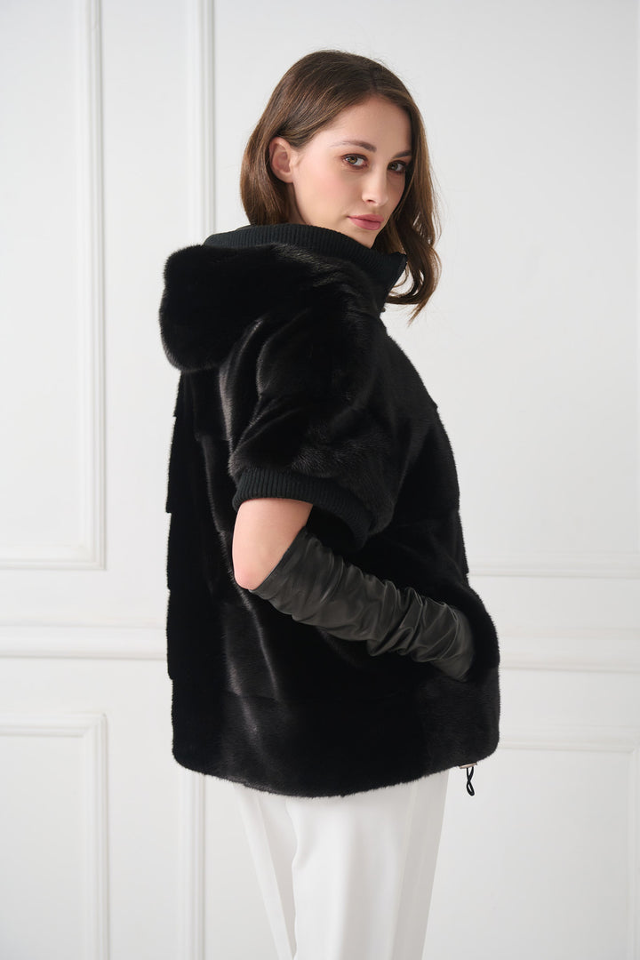 Reversible Hooded Mink Fur Jacket with Short Sleeves