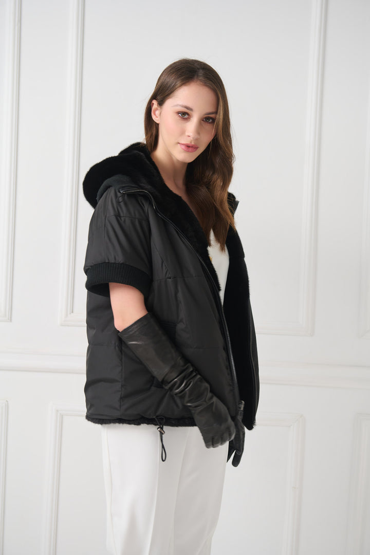 Reversible Hooded Mink Fur Jacket with Short Sleeves
