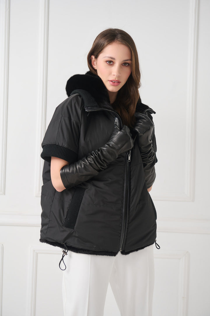 Reversible Hooded Mink Fur Jacket with Short Sleeves