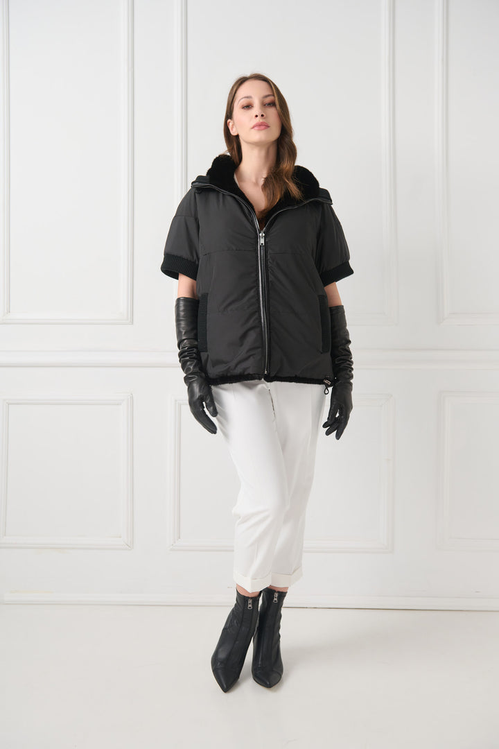 Reversible Hooded Mink Fur Jacket with Short Sleeves